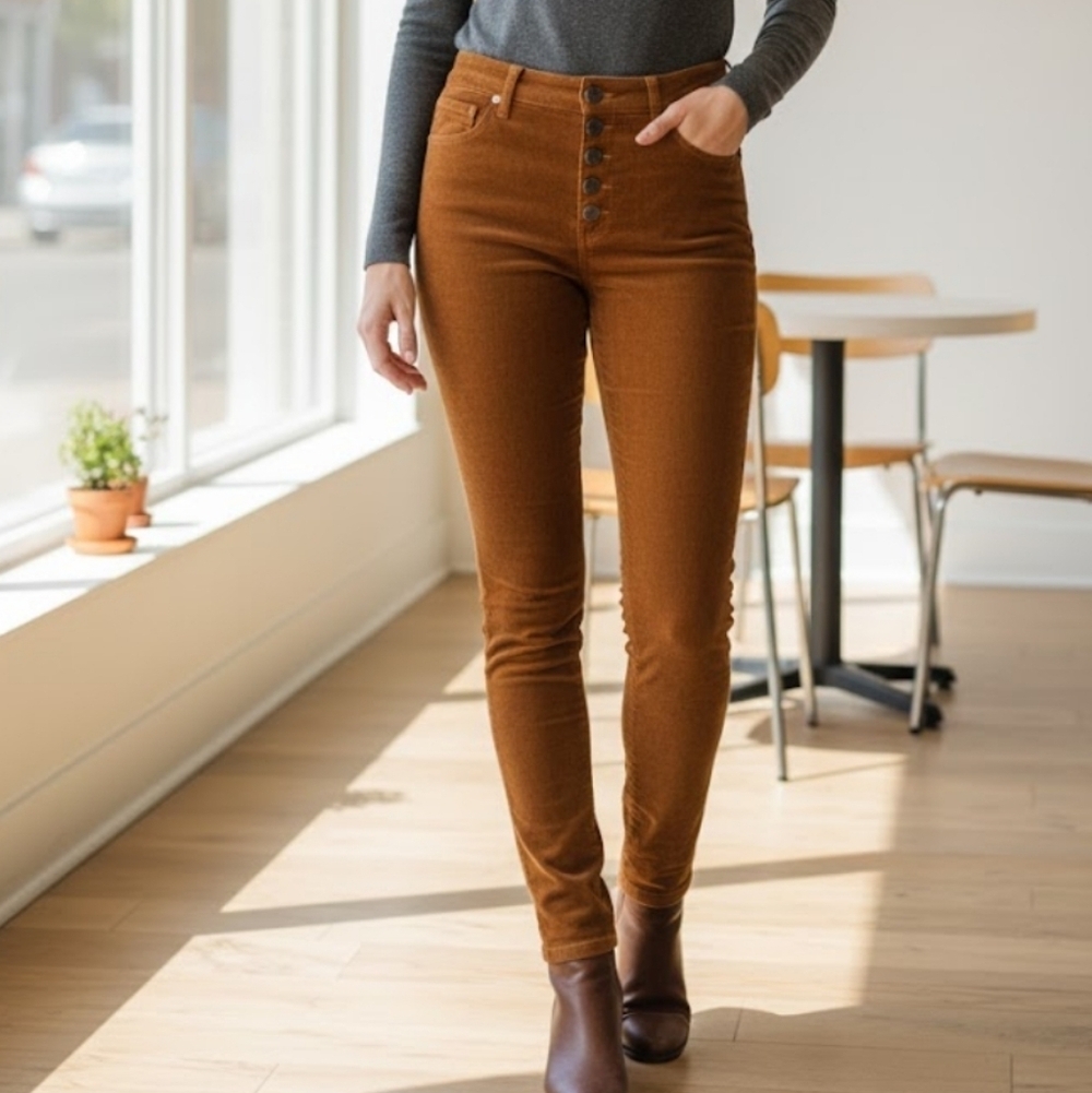 Cabi corduroy pants, exposed button fly, high rise skinny women Light Brown 8.